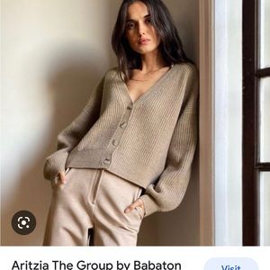 Aritzia Babaton Ribbed V-Neck Button Cardigan in Taupe